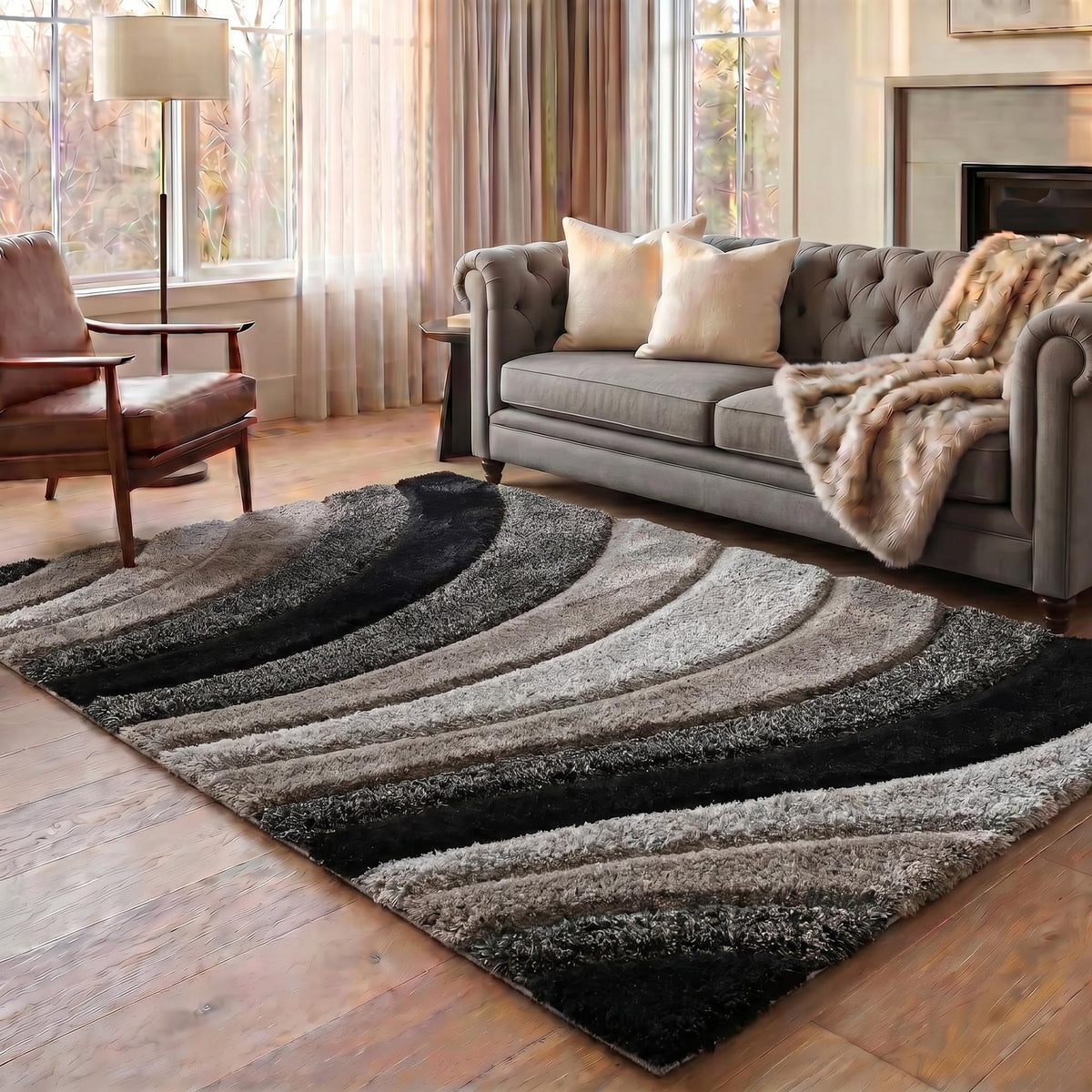 California Hand-Carved Shaggy Rug - Waves