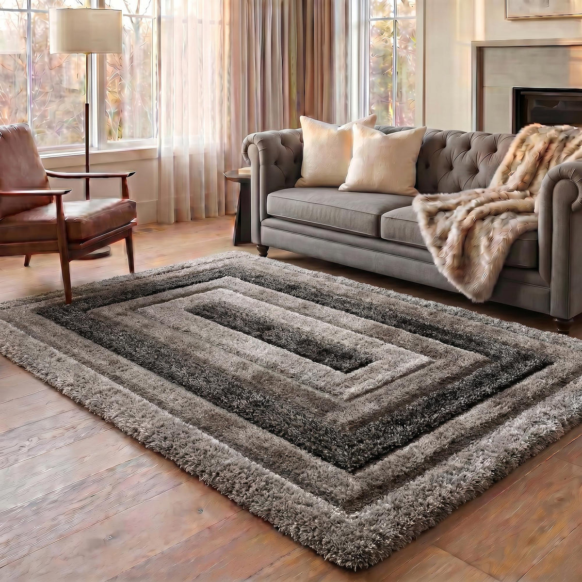 California Hand-Carved Shaggy Rug - Bordered