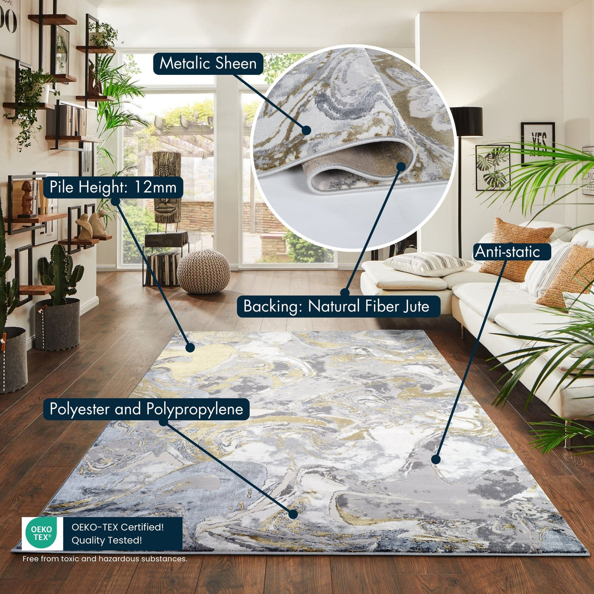Emperor Metallic Abstract Rug - Solarius